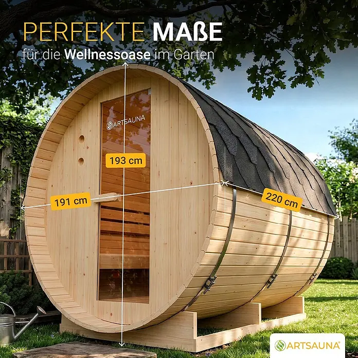 Artsauna Fasssauna Spitzbergen - Holz, L x B x H: 220 x 191 x 193 cm - Helle Holzfasssauna mit schwarzem Schindeldach im Garten, Maße 191 cm, 193 cm, 220 cm angezeigt.