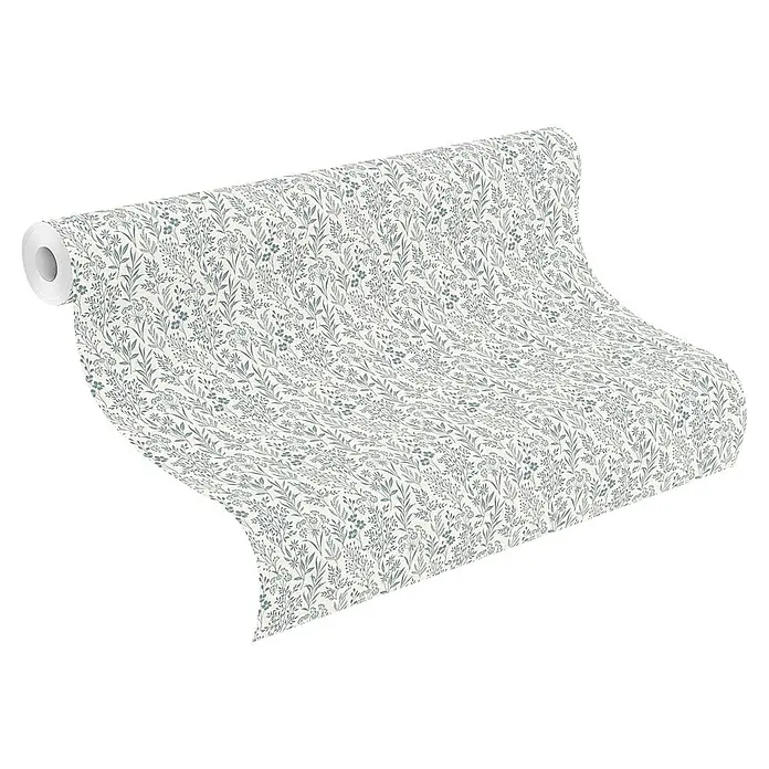 Rasch Farm Living Vliestapete - Creme-Blau, Floral, 10,05 x 0,53 m - Teilweise abgerollte Tapetenrolle mit hellem Hintergrund und blaugrünem Blumenmuster.