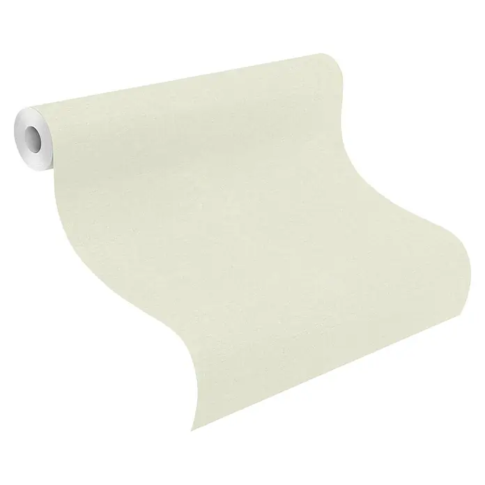 Rasch #followusaround Vliestapete - Hellgrün, Uni, 10,05 x 0,53 m - Helle, beige, strukturierte Tapetenrolle rollt sich ab.