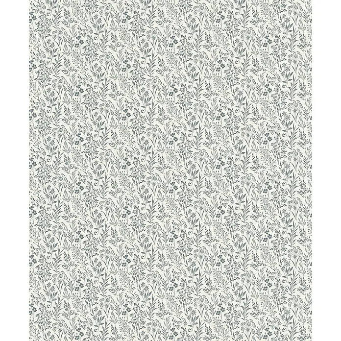 Rasch Farm Living Vliestapete - Creme-Blau, Floral, 10,05 x 0,53 m - Nahtloses Muster aus mattblauen botanischen Elementen und kleinen Blüten.