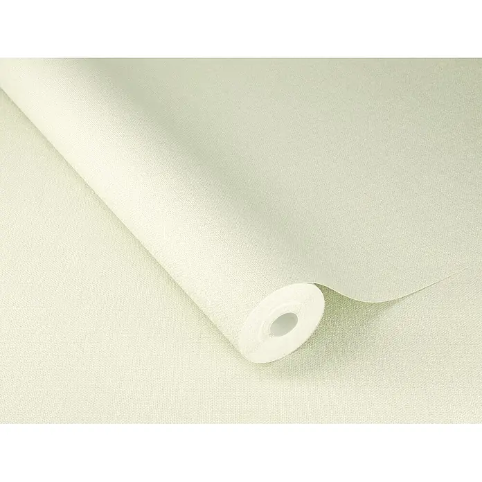 Rasch #followusaround Vliestapete - Hellgrün, Uni, 10,05 x 0,53 m - Texturierte, hellcremefarbene Tapetenrolle, teilweise abgerollt.