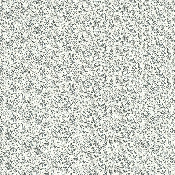 Rasch Farm Living Vliestapete - Creme-Blau, Floral, 10,05 x 0,53 m - Nahtloses botanisches Muster mit stilisierten staubblauen Blättern und kleinen Blüten.