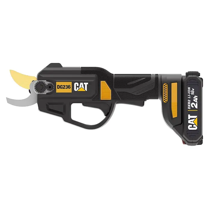 Caterpillar Akku-Astschere DG236B - 18 V, Ohne Akku, Max. Aststärke: 25 mm - Schwarz-gelbe CAT elektrische Gartenschere mit goldfarbener Klinge, silberner Klinge und abnehmbarem 18V Li-Ionen-Akku.
