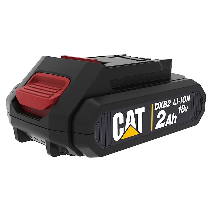 Caterpillar Akku DXB2 - 18 V, 2 Ah, Li-Ionen - Schwarzer CAT DXB2 Li-ION 18V 2Ah Akku mit rotem Entriegelungsknopf und gelben Logo-Akzenten für Elektrowerkzeuge.