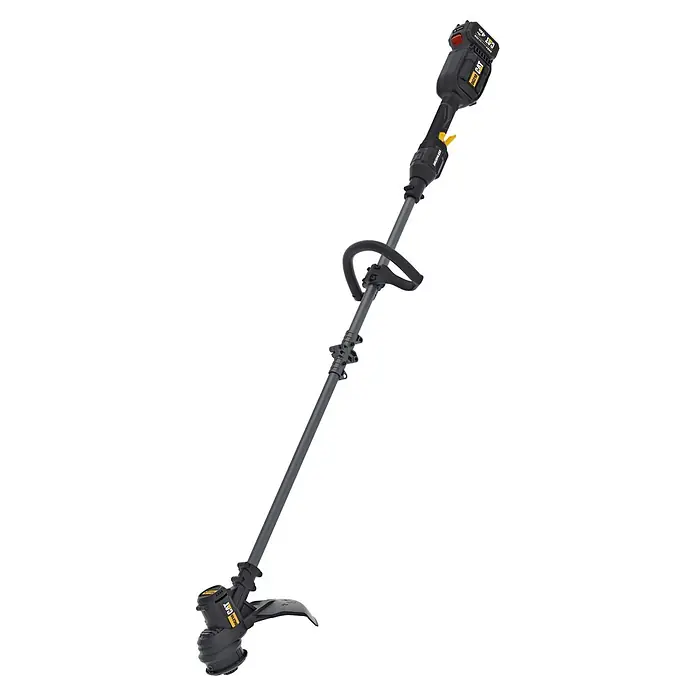 Caterpillar Akku-Rasentrimmer DG210 - 18 V, 4 Ah, Li-Ionen, 1 Akku, Schnittbreite Faden: 33 cm - Schwarz-grauer Akku-Rasentrimmer mit Akku und verstellbarem Zusatzgriff zum Grasschneiden.