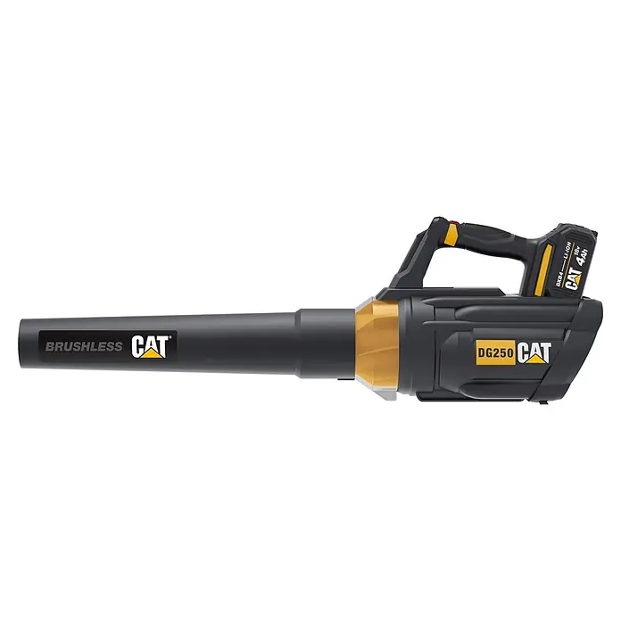 Caterpillar Akku-Laubbläser DG250 - 18 V, 1 Akku, 4 Ah, Blasgeschwindigkeit: 161 km/h, Blasleistung: 765 m³/h - Ein schwarzer und gelber CAT Akku-Laubbläser mit 18V 4Ah Li-ION Akku und bürstenloser Technologie.