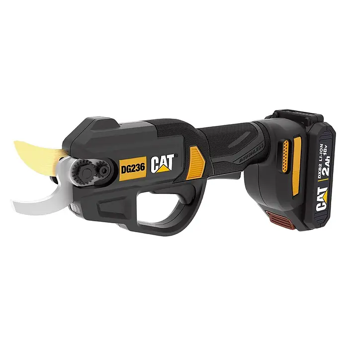 Caterpillar Akku-Astschere DG236B - 18 V, Ohne Akku, Max. Aststärke: 25 mm - Schwarze und gelbe kabellose elektrische Gartenschere mit goldenen und silbernen Klingen, bürstenlosem Motor und 18V Li-Ionen-Akku.