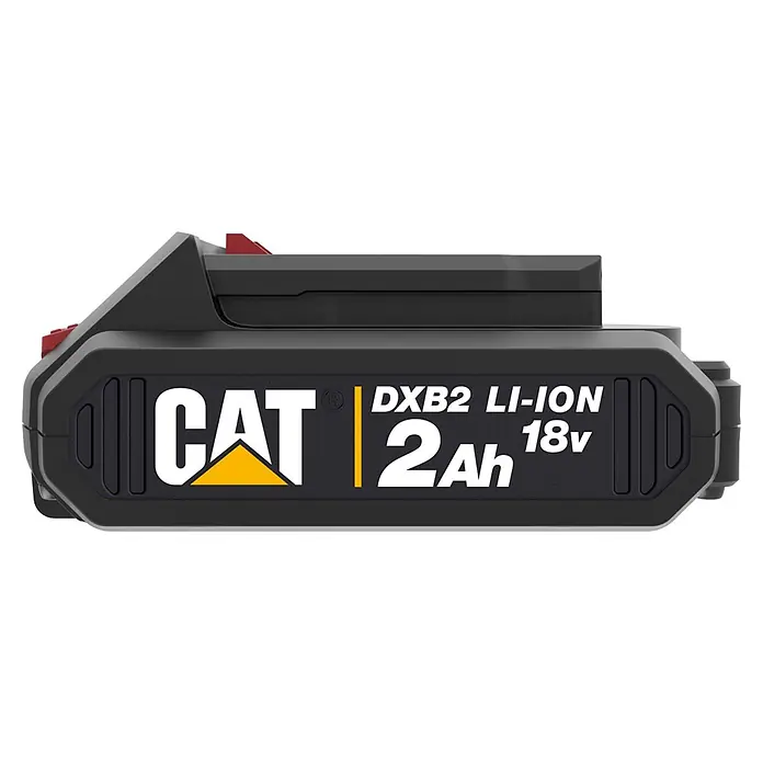 Caterpillar Akku DXB2 - 18 V, 2 Ah, Li-Ionen - Schwarzer CAT DXB2 Li-ION 18V 2Ah Akku mit gelbem und weißem Branding und roten Entriegelungstasten.