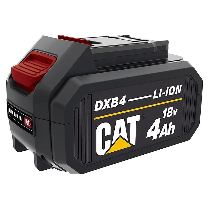 Caterpillar Akku DXB4 - 18 V, 4 Ah, Li-Ionen - Schwarzer CAT DXB4 Li-Ion 18V 4Ah Akku mit rotem Knopf und Ladeanzeige.