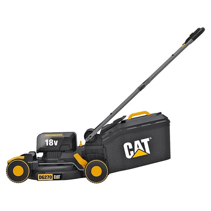 Caterpillar Akku-Rasenmäher DG270 - 18 V, 1 Akku, 4 Ah, Schnittbreite: 34 cm - CAT 18V bürstenloser Elektrorasenmäher in Schwarz und Gelb mit Fangkorb und langem Griff.