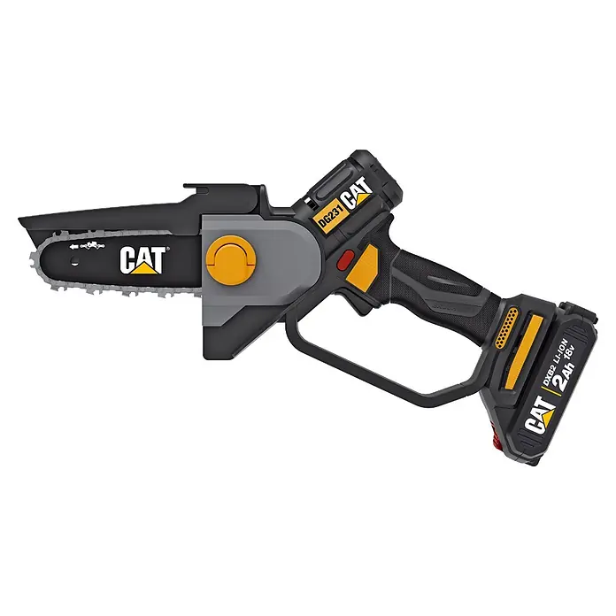 Caterpillar Einhand-Akku-Kettensäge DG231 - 18 V, 4 Ah, 1 Akku, Schwertlänge: 12 cm - Handgeführte, akkubetriebene Mini-Kettensäge in Schwarz-Grau mit gelben Akzenten und schwarzer Kette. Mit abnehmbarem 18V Li-Ion Akku.