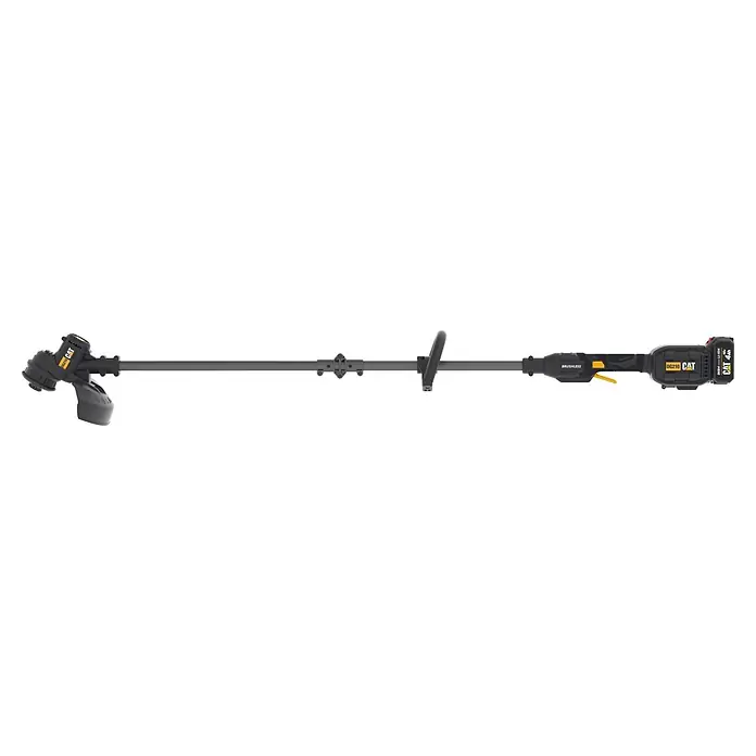 Caterpillar Akku-Rasentrimmer DG2108 - 18 V, Li-Ionen, Ohne Akku, Schnittbreite Faden: 33 cm - Schwarz-gelber Akku-Rasentrimmer mit abnehmbarem Akkupack.