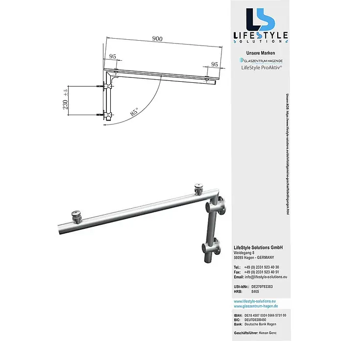 Glaszentrum Hagen Vordach - 200 x 90 x 40 cm, Silber - Silberner Metall-Regalhalter mit 900 mm langer Stützstange und abgewinkeltem Arm, inklusive Maßangaben.
