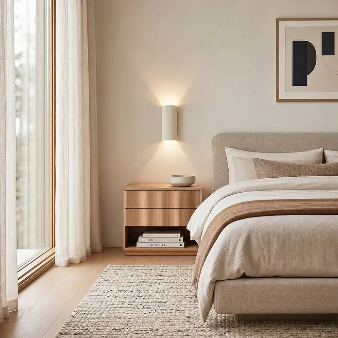 Lindby Wandleuchte Colja - creme / amber, creme / amber, GU10 - Ein ruhiges Schlafzimmer mit beigem Polsterbett, hellem Holznachttisch und strukturiertem Teppich.