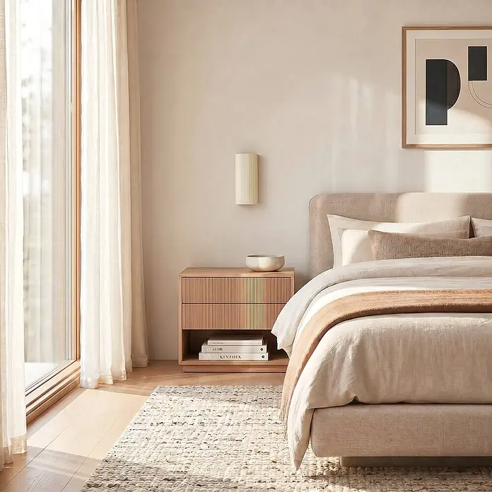 Lindby Wandleuchte Colja - creme / amber, creme / amber, GU10 - Gemütliches Schlafzimmer mit hellbeigem Polsterbett, mehrlagiger neutraler Bettwäsche und hellbraunem Nachttisch mit gerippten Schubladen.
