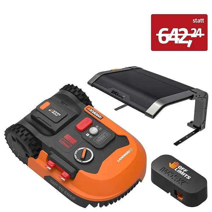 Worx PowerShare 20V Mähroboter-Set Landroid M700 Plus - 700 m², Schnittbreite: 18 cm, Induktionsgestützte Navigation, Begrenzungskabel - Orange-schwarzer Worx Landroid Mähroboter mit Ladestation und Off Limits Modul.
