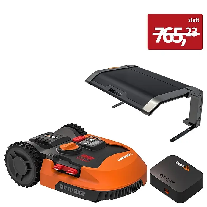 Worx PowerShare 20V Mähroboter-Set Landroid L2000 - 2.000 m², Schnittbreite: 22 cm, Induktionsgestützte Navigation, Begrenzungskabel - Ein orange-schwarzer Worx Landroid Mähroboter mit Schutzdach und einem RadioLink-Modul.