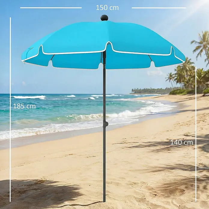 Outsunny Strandschirm - Blau, Durchmesser Bespannung: 150 cm - Türkiser Sonnenschirm mit weißem Rand am Strand. 150 cm breit, 185 cm hoch, Schirmrand 140 cm über dem Boden.