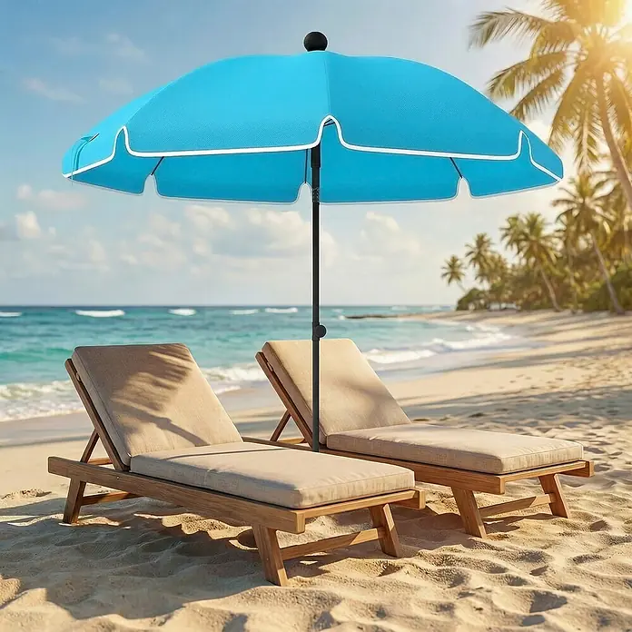 Outsunny Strandschirm - Blau, Durchmesser Bespannung: 150 cm - Ein blauer Sonnenschirm spendet Schatten über zwei Holzliegen mit beigen Auflagen an einem Sandstrand.