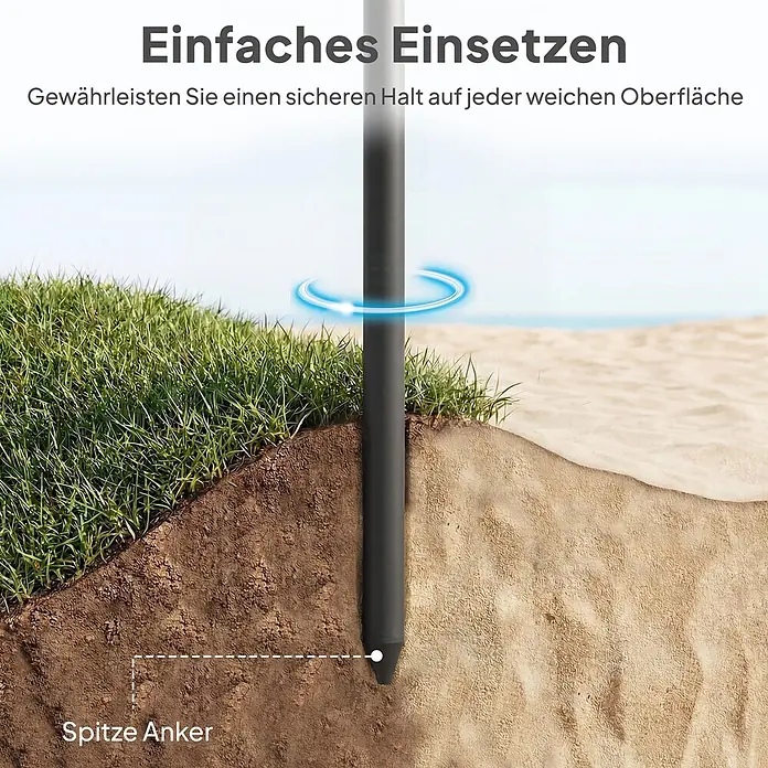 Outsunny Strandschirm - Blau, Durchmesser Bespannung: 150 cm - Ein schwarzer, spitzer Bodenanker wird in Gras und Sand gedreht, um sicheren Halt auf weichen Oberflächen zu demonstrieren.
