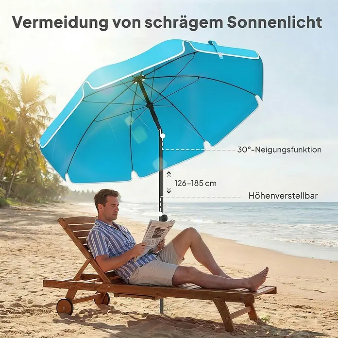 Outsunny Strandschirm - Blau, Durchmesser Bespannung: 150 cm - Blauer Strandsonnenschirm beschattet einen Mann, der auf einem Holzliegestuhl am Strand liest. Er ist neig- und höhenverstellbar.