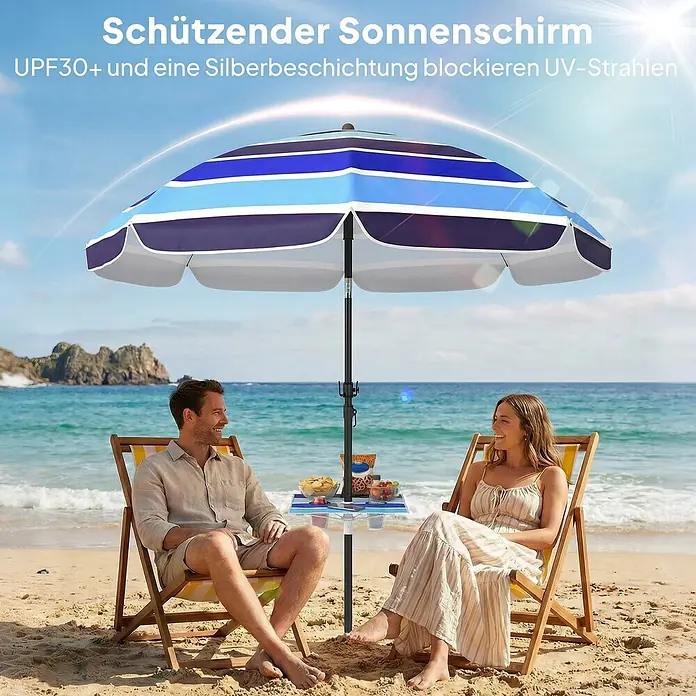 Outsunny Strandschirm - Mehrfarbig, Durchmesser Bespannung: 198 cm - Blau-weiß gestreifter Sonnenschirm mit integriertem Tisch, spendet Schatten für zwei Personen am Sandstrand.