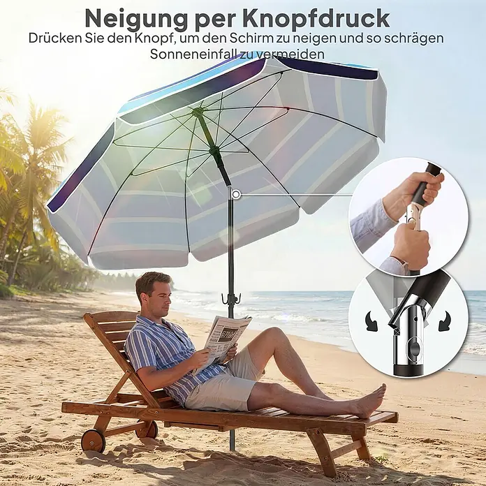 Outsunny Strandschirm - Mehrfarbig, Durchmesser Bespannung: 198 cm - Gestreifter Strandsonnenschirm auf einem Strand mit Mann, der die Neigungsfunktion mit Knopfdruck demonstriert.