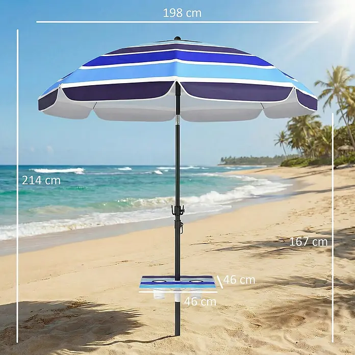 Outsunny Strandschirm - Mehrfarbig, Durchmesser Bespannung: 198 cm - Blau-weiß gestreifter Strandsonnenschirm (198 cm Durchmesser) mit integriertem Tisch und Becherhaltern am Strand.
