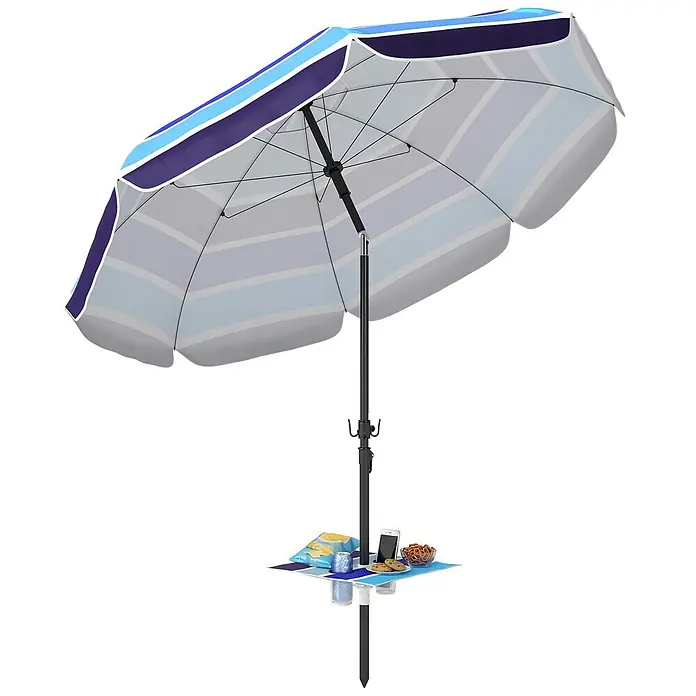 Outsunny Strandschirm - Mehrfarbig, Durchmesser Bespannung: 198 cm - Blau-weiß gestreifter Sonnenschirm mit integriertem Tisch für Snacks, Getränke und Smartphone.