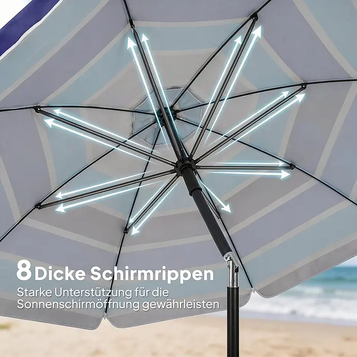Outsunny Strandschirm - Mehrfarbig, Durchmesser Bespannung: 198 cm - Innenansicht eines Sonnenschirms mit 8 dicken Rippen, die eine starke Öffnungsunterstützung bieten.