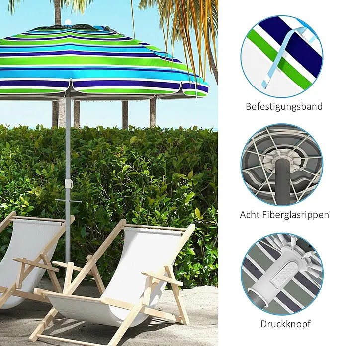 Outsunny Strandschirm - Mehrfarbig, Durchmesser Bespannung: 178 cm - Gestreifter grün-blau-weißer Sonnenschirm, zwei weiße Liegestühle, Hecke, Palmen. Details zeigen Befestigungsband, Fiberglasrippen, Druckknopf.