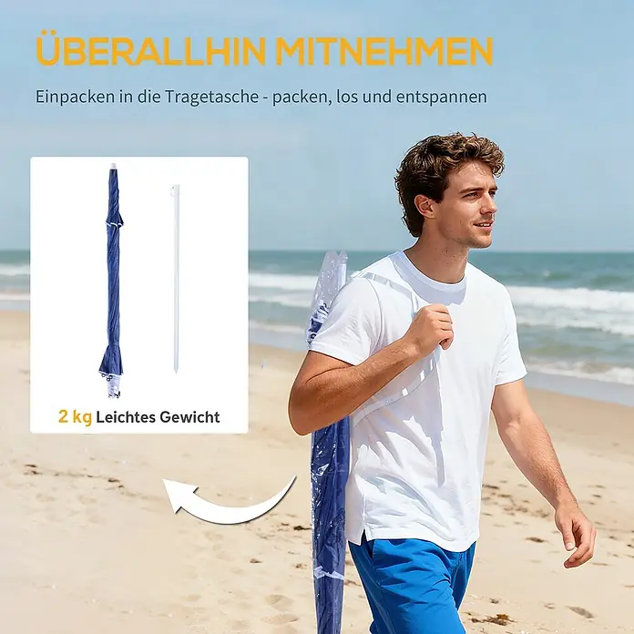 Outsunny Strandschirm - Blau, Durchmesser Bespannung: 210 cm - Mann trägt einen verpackten blauen Sonnenschirm und Sandanker am Strand, was seine Tragbarkeit und sein geringes Gewicht hervorhebt.