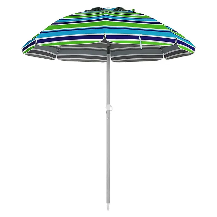 Outsunny Strandschirm - Mehrfarbig, Durchmesser Bespannung: 178 cm - Gestreifter Strandschirm mit blauen, grünen und grauen Streifen, weißem Rand und silbernem Metallstiel.