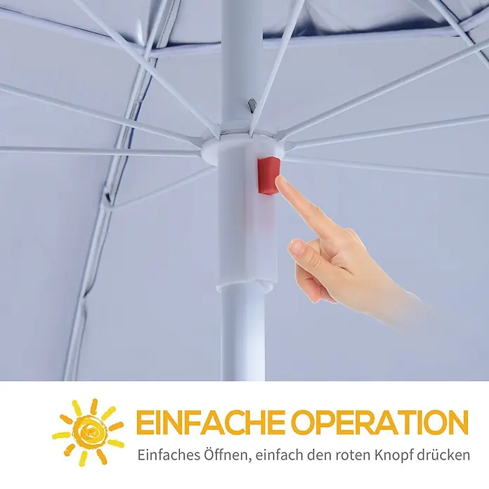 Outsunny Strandschirm - Blau, Durchmesser Bespannung: 210 cm - Weißer Sonnenschirmrahmen mit rotem Knopf, von einer Hand gedrückt, für einfaches Drücken zum Öffnen/Schließen.