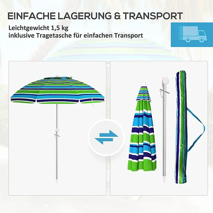 Outsunny Strandschirm - Mehrfarbig, Durchmesser Bespannung: 178 cm - Gestreifter Strandschirm, offen und zusammengeklappt gezeigt, mit Tragetasche für einfachen Transport und Lagerung.