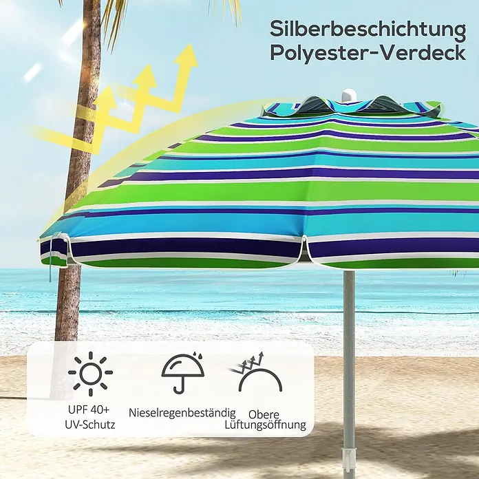 Outsunny Strandschirm - Mehrfarbig, Durchmesser Bespannung: 178 cm - Gestreifter Strandschirm mit silberbeschichtetem Polyester-Verdeck am Strand. Bietet UPF 40+ UV-Schutz, Nieselregenbeständigkeit und Belüftung.