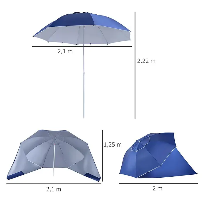 Outsunny Strandschirm - Blau, Durchmesser Bespannung: 210 cm - Blau-grauer Strandschirm und Windschutz. Offen und geneigt gezeigt, 2,1 m breit, bis zu 2,22 m hoch.