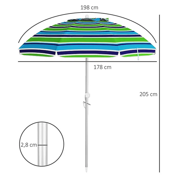 Outsunny Strandschirm - Mehrfarbig, Durchmesser Bespannung: 178 cm - Bunter gestreifter Sonnenschirm, 198 cm Durchmesser, 205 cm Höhe, mit 2,8 cm Stange.