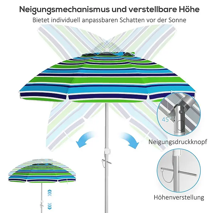 Outsunny Strandschirm - Mehrfarbig, Durchmesser Bespannung: 178 cm - Gestreifter Strandsonnenschirm in Grün, Blau, Marineblau mit Neigungsfunktion und höhenverstellbarem Mast.