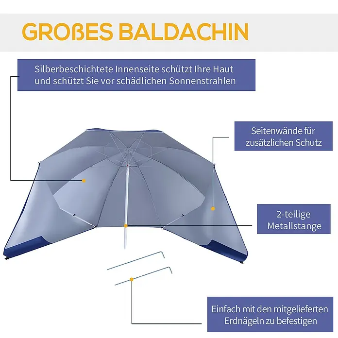 Outsunny Strandschirm - Blau, Durchmesser Bespannung: 210 cm - Silberbeschichteter Sonnenschutz mit blauer Einfassung, Seitenwänden, 2-teiliger Metallstange und Erdnägeln für UV-Schutz.