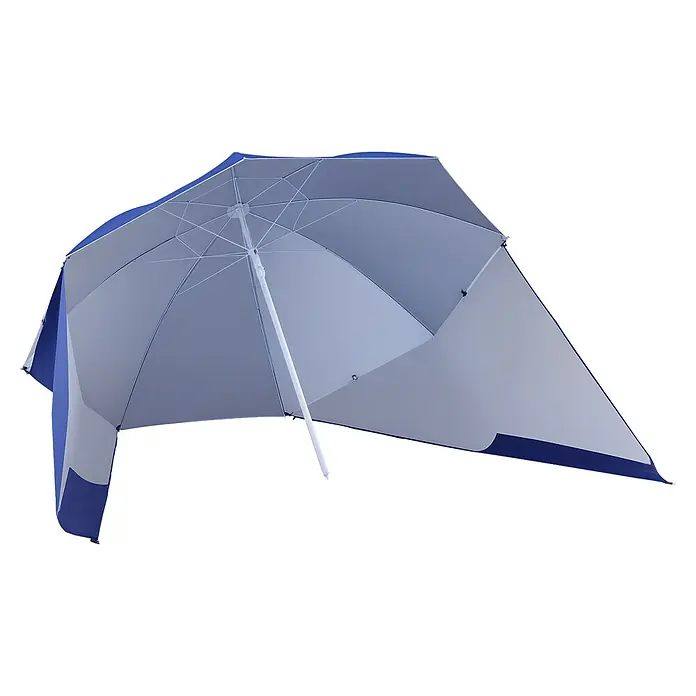 Outsunny Strandschirm - Blau, Durchmesser Bespannung: 210 cm - Blau-grauer Strandsonnenschirm/Sonnenschutz, teilweise geöffnet, mit Innenrahmen und Schutzseitenwänden.