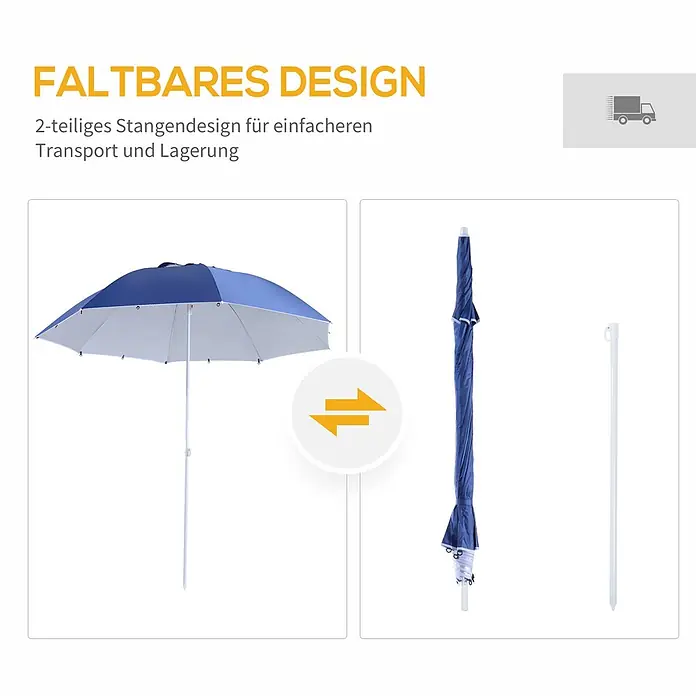 Outsunny Strandschirm - Blau, Durchmesser Bespannung: 210 cm - Zusammenklappbarer blau-weißer Strandschirm mit zweiteiligem Stock für einfachen Transport und Lagerung.