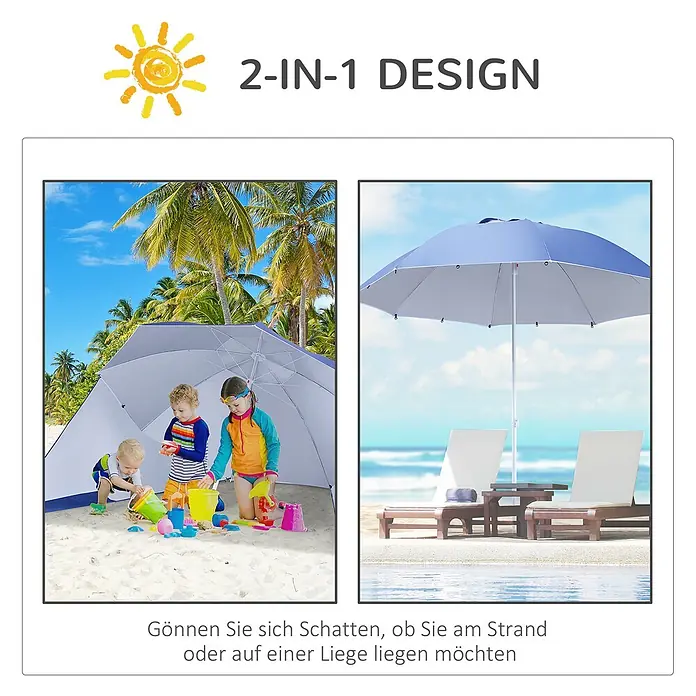 Outsunny Strandschirm - Blau, Durchmesser Bespannung: 210 cm - Blaues 2-in-1 Strandschutz-Sonnenschirm. Bietet Schatten für spielende Kinder und Liegen am Strand.