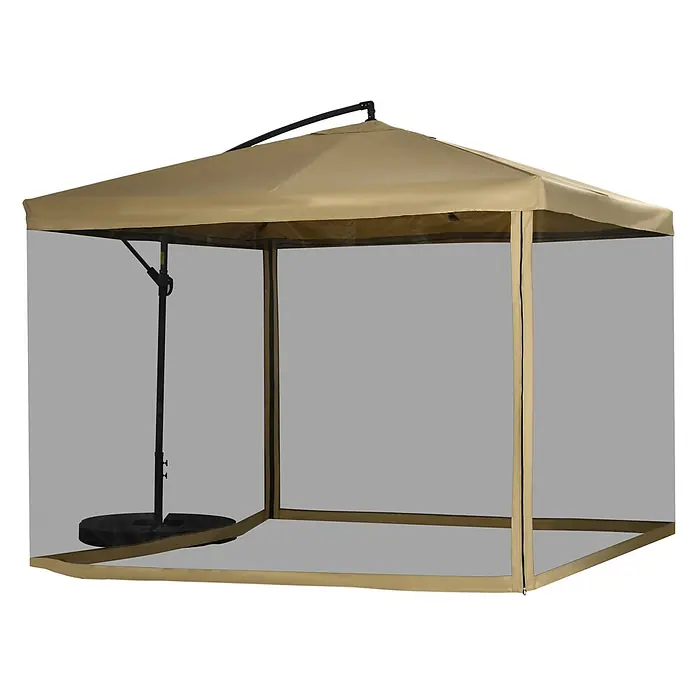 Outsunny Ampelschirm - Beige - Beigefarbenes, quadratisches Outdoor-Pavillon mit Moskitonetzwänden.