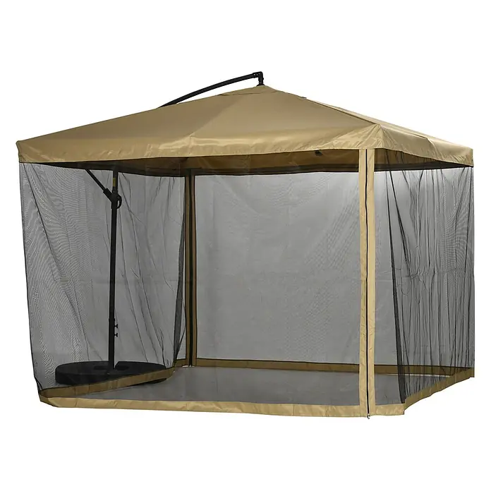 Outsunny Ampelschirm - Beige - Beigefarbener Pavillon mit schwarzem Moskitonetz und schwarzem Gestell.