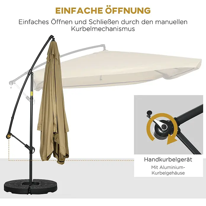 Outsunny Ampelschirm - Beige - Beiger Ampelschirm mit schwarzem Rahmen und Fuß, der den manuellen Kurbelmechanismus zum einfachen Öffnen und Schließen hervorhebt.