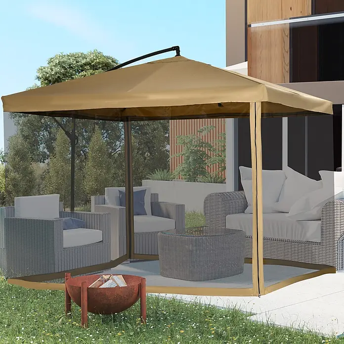 Outsunny Ampelschirm - Beige - Beiges Outdoor-Pavillon mit Moskitonetz über Terrassenmöbeln, schafft einen gemütlichen Außenbereich.