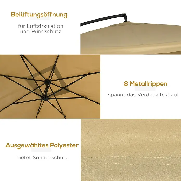 Outsunny Ampelschirm - Beige - Beiger Sonnenschirm mit Belüftungsöffnung, 8 Metallrippen und sonnenschützendem Polyestergewebe.