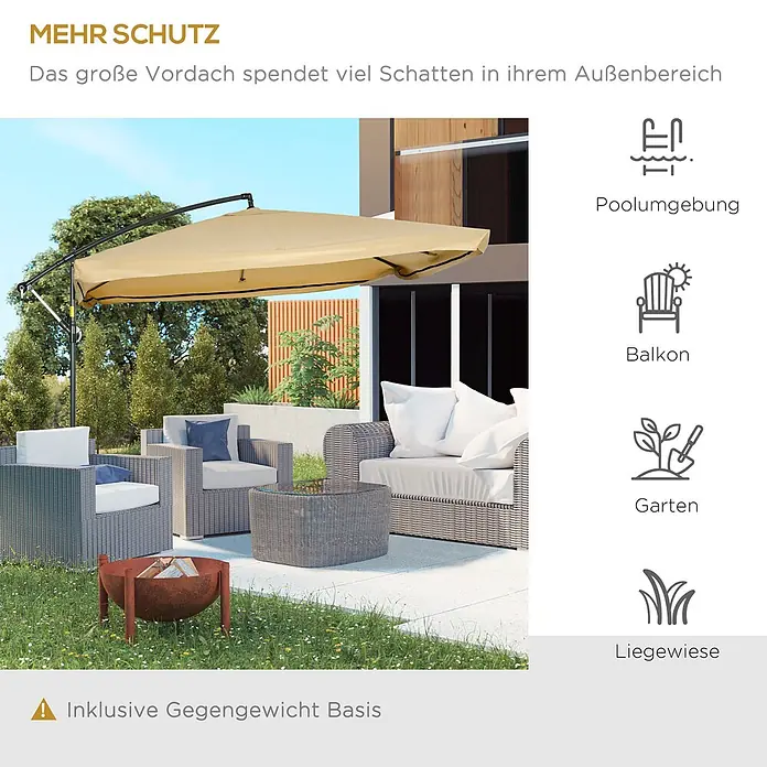 Outsunny Ampelschirm - Beige - Großer beiger Freiarmschirm mit schwarzem Gestell, der einen Sitzbereich im Freien beschattet. Ideal für Garten, Balkon, Pool und Liegewiese.