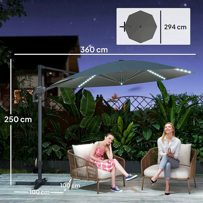 Outsunny Ampelschirm - Dunkelgrau - Großer dunkelgrauer Ampelschirm mit integrierten LEDs spendet beleuchteten Schatten für zwei Frauen im Freien. Maße: 360x250 cm.
